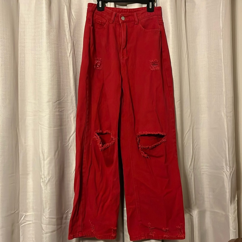 Red ripped mom jeans